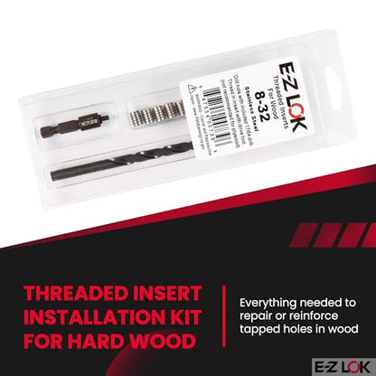 E-Z LOK 400-008-CRThread Installation Kit for Wood Stainless Steel Threaded Inserts, Includes 8-32 Knife Thread Inserts (10), Drill, Installation Tool - size: 8-32