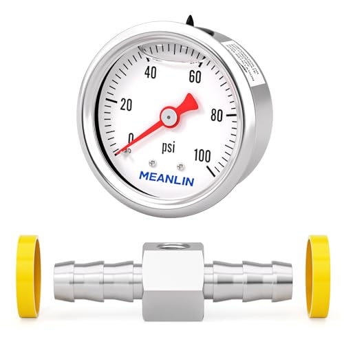 MEANLIN MEASURE 0-100Psi Stainless Steel Glycerin Filled Pressure Gauge 1/8" NPT 1.5" FACE DIAL, with 3/8" Barb Pressure Adapter Liquid Filled Pressure Gauge (9Pieces Kit, Back Mount) - size: 0-100Psi