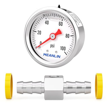 MEANLIN MEASURE 0-100Psi Stainless Steel Glycerin Filled Pressure Gauge 1/8" NPT 1.5" FACE DIAL, with 3/8" Barb Pressure Adapter Liquid Filled Pressure Gauge (9Pieces Kit, Back Mount) - size: 0-100Psi