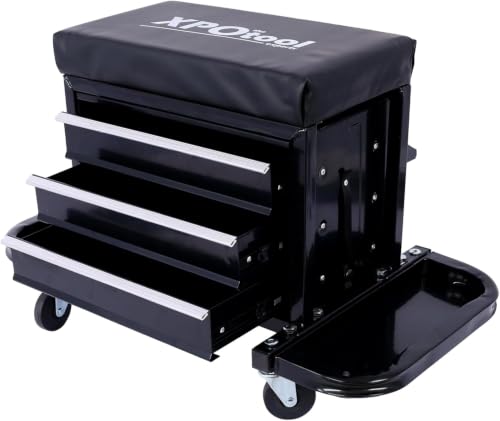 Mechanic Roller Seat with Tool Box, 3-Drawer Rolling Tool Chest Stool Mechanic Stool with Side Tool Trays