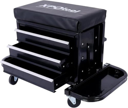 Mechanic Roller Seat with Tool Box, 3-Drawer Rolling Tool Chest Stool Mechanic Stool with Side Tool Trays