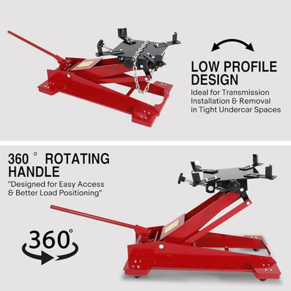 Transmission Jack 1/2Ton(1100LBS) Capacity Hydraulic Low Profile Floor Jack | with Safety Chain & Roll-Under 360° Swivel Casters, 7.68"-24.8" Lift Range for Car / Truck Repair