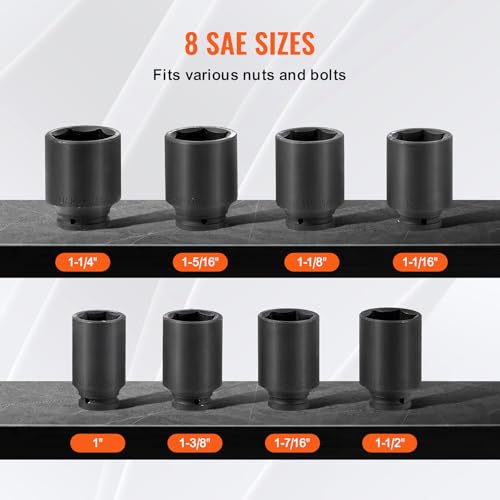 VEVOR Axle Nut Impact Socket Set - 3/4" Drive Deep 6-Point 8-Piece SAE Spindle Nut Socket CR-MO Heat Treated Large Socket Set with Storage Case for Auto Repair, Removing or Installing Axle Nuts - style: 3/4" 8PCS SAE CR-MO