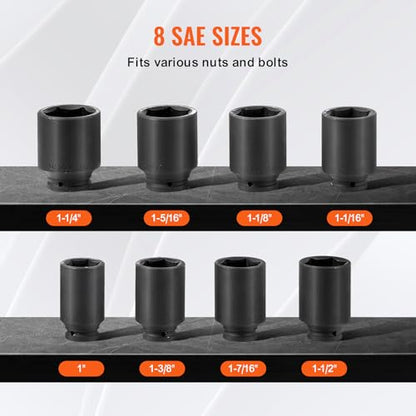 VEVOR Axle Nut Impact Socket Set - 3/4" Drive Deep 6-Point 8-Piece SAE Spindle Nut Socket CR-MO Heat Treated Large Socket Set with Storage Case for Auto Repair, Removing or Installing Axle Nuts - style: 3/4" 8PCS SAE CR-MO