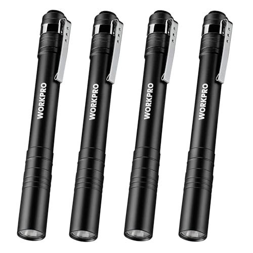WORKPRO LED Pen Light, Aluminum Pen Flashlights, Pocket Flashlight with Clip for Inspection, Emergency, Everyday, Black(4-Pack) - color: Black