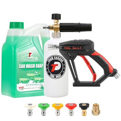 Tool Daily Short Pressure Washer Gun with Foam Cannon, Car Wash Soap 64 Oz, 5 Power Washer Nozzle Tips, 1/4 Inch Quick Connect - style: Foam Gun with Soap