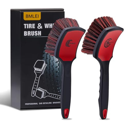BMLEI Wheel & Tire Brush Set, 2 Pack Car Wheel Brush & Tire Cleaner Brushes, Soft Bristle Rim Brush and Stiff Tire Scrub Brush, Scratch-Free Wheel Cleaning Kit for Car Detailing, Trucks, SUVs - color: Red&black