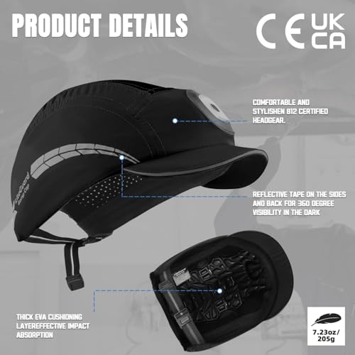 UM ULTRAMAXX Lightweight Bump Cap with Reflective Stripes, Breathable Baseball Cap Style, Head Protection Hard Hat for Men Women - color: Black with Led Light