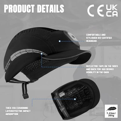 UM ULTRAMAXX Lightweight Bump Cap with Reflective Stripes, Breathable Baseball Cap Style, Head Protection Hard Hat for Men Women - color: Black with Led Light