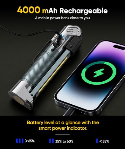 HOTLIGH Magnetic Work Light - 4000mAh Rechargeable Work Light with Hook Design, 1200 Lumens Mechanic Light, 3 Lighting Modes Magnetic Flashlight for Repairing、Emergency，1 Pack - color: Silver
