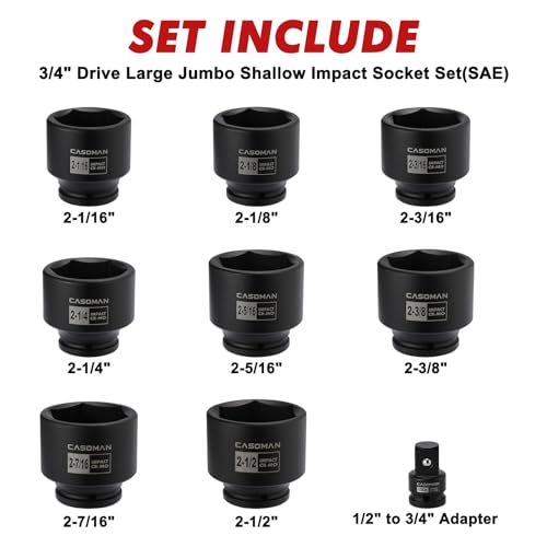 CASOMAN 9PCS 3/4" Drive Spindle Axle Nut Impact Socket Set, Include 1/2" to 3/4" Adapter, 6 Point, CR-MO, 2-1/16" to 2-1/2", Large Socket Set, Heavy Duty Use In Removing And Installing Axle Nuts - size: 9 PCS (2-1/16" to 2-1/2")