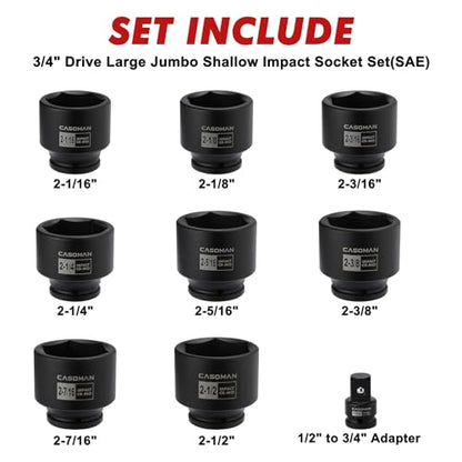 CASOMAN 9PCS 3/4" Drive Spindle Axle Nut Impact Socket Set, Include 1/2" to 3/4" Adapter, 6 Point, CR-MO, 2-1/16" to 2-1/2", Large Socket Set, Heavy Duty Use In Removing And Installing Axle Nuts - size: 9 PCS (2-1/16" to 2-1/2")