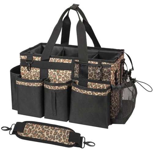 SCAVATA Wearable Cleaning Caddy, Cleaning Caddy Supplies Organizer with Handle & Shoulder Straps for Housekeepers, Under Sink & Car Cleaning Tool Organizers Bag with 4 Foldable Divider (Leopard) - color: Leopard