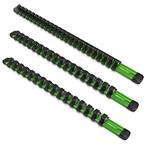 Olsa Tools Aluminum Socket Organizer, 3pc Set - Green Socket Holder Kit 1/2-Inch, 3/8-Inch, and 1/4-Inch Drive - Holds 58 Chrome or Impact Sockets - Professional Grade Socket Rails - Part: 1102 - color: Green, size: 3pc - 1/4, 3/8, & 1/2-Inch Drive
