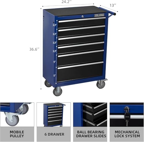 6-Drawer Rolling Tool Chest with Locking Wheels & Drawers, 13" D x 24.2" W x 36.6" H Mobile Tool Storage Cabinet, Heavy-Duty Garage Organizer w/Ergonomic Handle - color: Blue