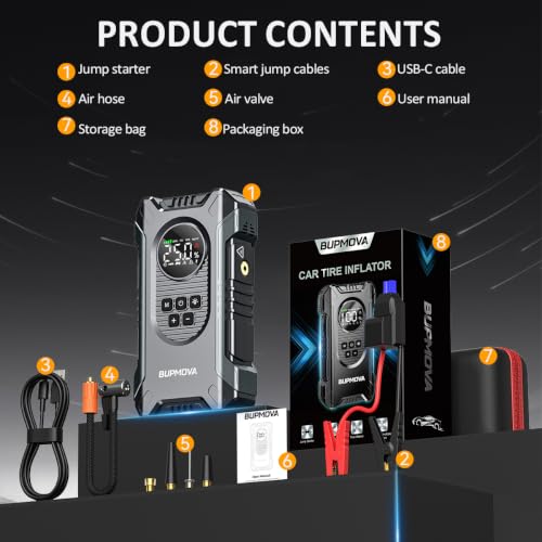 8000A Jump Starter with Air Compressor, 150PSI | For All Gas & 10L Diesel Vehicles. Tire Inflator, Power Bank, LED Light. Portable w/ Storage Case