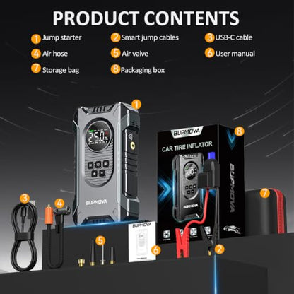 8000A Jump Starter with Air Compressor, 150PSI | For All Gas & 10L Diesel Vehicles. Tire Inflator, Power Bank, LED Light. Portable w/ Storage Case