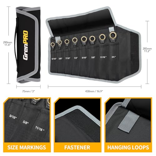 GRENPRO Ratchet Wrenches Set, Ratcheting Wrench Set, 9PC Sae 5/16 to 3/4 72Th Long Box Open End Ratchet Wrench Organizer With Color Ring With Roll Up Pouch With Gauge, Big Combination Wrench Tool Sets - style: 9PC SAE Ratchet Wrenches Set With Color Ring