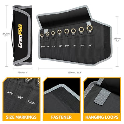 GRENPRO Ratchet Wrenches Set, Ratcheting Wrench Set, 9PC Sae 5/16 to 3/4 72Th Long Box Open End Ratchet Wrench Organizer With Color Ring With Roll Up Pouch With Gauge, Big Combination Wrench Tool Sets - style: 9PC SAE Ratchet Wrenches Set With Color Ring