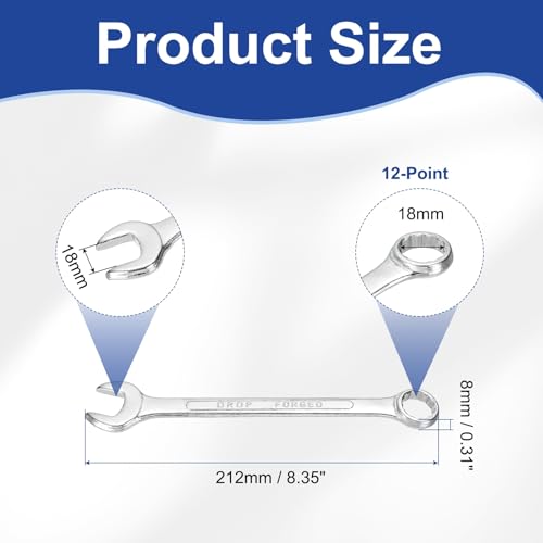 HARFINGTON Combination Wrench 18mm Metric 12-Point Box and Open End Zinc Plated Steel Double Ended Spanner Tool for Automotive Pipe Furniture Machinery DIY Repair, Silver White - size: 18mm