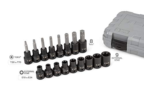 TEKTON 1/2 Inch Drive Torx and External Star Impact Socket Set | SKT25801 - size: 17-Piece (T30 - T70, E10 - E24), style: Mixed