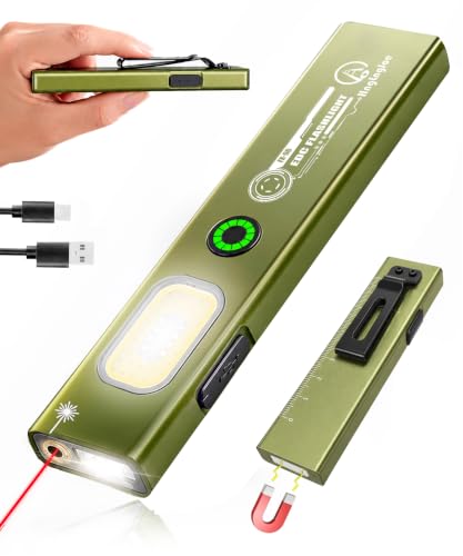 Flat EDC Flashlight Rechargeable, Lightweight 1.59oz Clip-On Flashlight with Magnetic Base, 550 Lumens Work Light, UV Light and Red Laser for Repair, Inspection, Camping,Emergency,Gifts for Men - color: Green