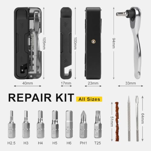 EMERK Bike Repair Tool Kit, Portable Bike Multi Tool with Ratchet Wrench, 7 Bits, Tire Levers & Tubeless Tire Plug Kit for Road, Mountain and E-Bikes