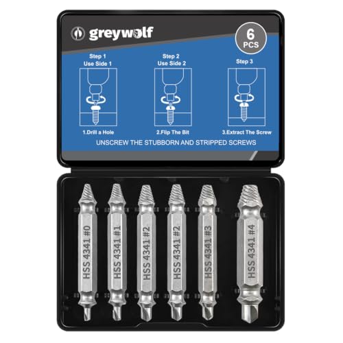 Greywolf 6 pcs Damaged Screw Extractor Set，Professional Grade Broken Bolt & Stripped Screw Remover Kit with Case，Hardened Steel Construction，Fits Drill & Hand Tools，DIY, Automotive, Plumbing Repair - size: 6