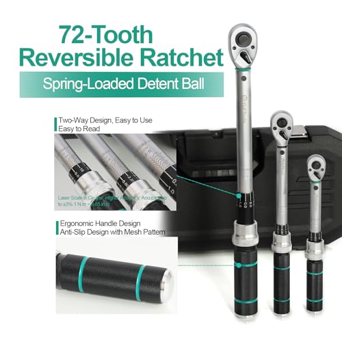 3-Piece Click Torque Wrench Set – 1/4", 3/8", 1/2" Drive, ±3% Accuracy, 72-Tooth Ratchet, Dual-Direction, Chrome Vanadium Steel, Includes Storage Cases - size: 1.67-16.67 ft-lb, 5-45 ft-lb, 10-150 ft-lb, style: 1/4 3/8 1/2-inch