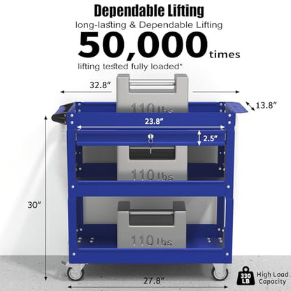 3-Tier Rolling Utility Cart, Metal Tool Cart on Wheels with Lockable-Blue | 330 lb. Load Capability Heavy Duty Tool Cart with Drawers, Mechanic Tool Cart for Garage, Warehouse, Repair Shop - color: Blue