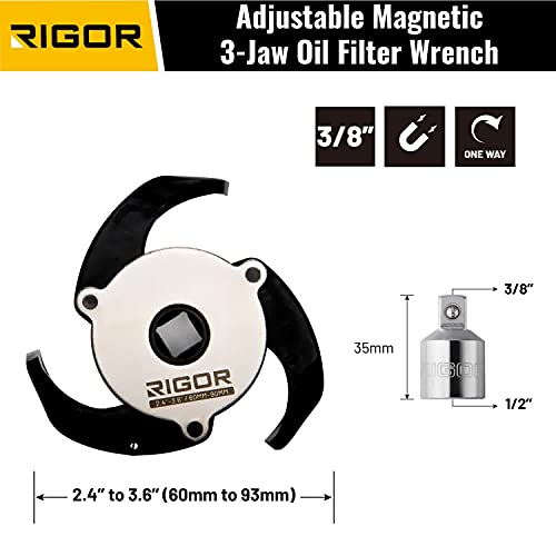 RIGOR 23026 Adjustable Oil Filter Wrench, 3-Jaw Adjustable Magnetic Oil Filter Wrench, 3/8" Drive, 2.4" to 3.6" Range, Include 1/2" F to 3/8" M Drive Adapter