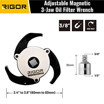 RIGOR 23026 Adjustable Oil Filter Wrench, 3-Jaw Adjustable Magnetic Oil Filter Wrench, 3/8" Drive, 2.4" to 3.6" Range, Include 1/2" F to 3/8" M Drive Adapter