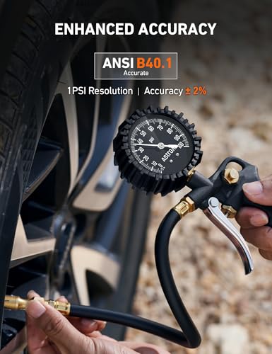 AstroAI Tire Pressure Gauge with Inflator, 100 PSI-ANSI B40.1 Accurate, Large 2.5" Easy Read Glow Dial, Heavy Duty Air Chuck and Compressor Accessories with Rubber Hose and Quick Connect Coupler - style: without case