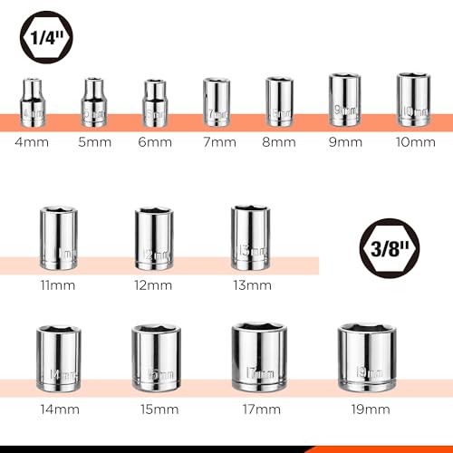ValueMax Metric 1/4" & 3/8" Drive Socket Set, 21PCS 4-19mm Socket Wrench | Car Tool Kit with Ratchet Wrench, Extension Bars, Adapter, Spinner Handle and Storage Case, for Automotive Repair