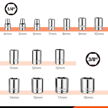 ValueMax Metric 1/4" & 3/8" Drive Socket Set, 21PCS 4-19mm Socket Wrench | Car Tool Kit with Ratchet Wrench, Extension Bars, Adapter, Spinner Handle and Storage Case, for Automotive Repair