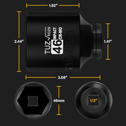 1/2 Inch Drive 46mm Deep Metric 6 Point CR-MO Impact Socket | Radius Corner Design,Square Chamfered Opening,Axle Nut Impact Grade Socket for Easy Removal - size: 1/2” Drive 46mm Deep, style: 1/2" Drive Deep Socket