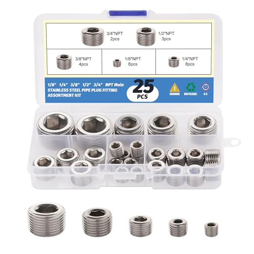 25Pcs 304 Stainless Steel Pipe Plug Fittings Assortment Kit,5 Sizes 1/8" 1/4" 3/8" 1/2" 3/4" NPT Male Internal Hex Thread Socket Pipe Plug Set