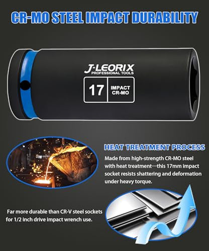 17mm Deep Impact Socket 1/2" Drive CR-MO Steel 6-Point | CR-MO steel impact socket set. 1/2" drive, 6-point design. Deep reach for lug nuts & axle nuts. - size: 17mm