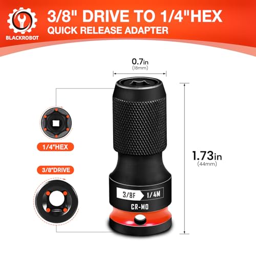 BLACKROBOT Quick Release Impact Bit Holders 3/8-Inch Square Drive to 1/4-Inch Hex Socket Adapter, CR-MO Steel, Red - size: 3/8 Impact Bit Holder-1