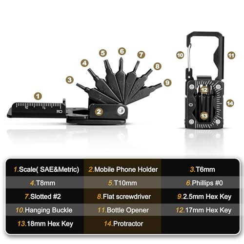 HAUTMEC 14 in 1 Bike Multitool, Mini Bike Repair Tool Kit for Road and Mountain Bikes, Lightweight S2 Stainless Steel Bike Tool With T6/8/10mm Wrenches and Phillips Screwdriver Multitool HT0419-BT - color: 14-in-1 Mini