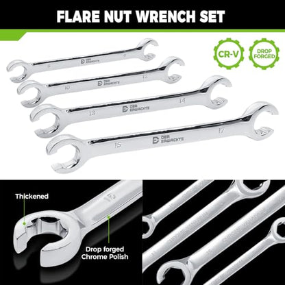 Der Erwachte 4-Piece Flare Nut Wrench Set, Offset End Spanner Metric 8 9 10 12 13 14 15 17mm, CR-V Steel Storage Pouch Repair and Remove Nuts on Fuel Tube Hose Transmission Line - size: 4PC Metric 8-17mm