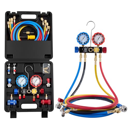 VEVOR AC Manifold Gauge Set for R134a R404A R1234yf R22 Refrigerant, 4 Way AC Gauge with 5 ft Hoses, Adapters, Quick Couplers, Can Taps for Automotive Air Conditioning Maintenance, Charging Evacuation - size: R134a/R404A/R1234yf/R22, style: 4 Way with Box