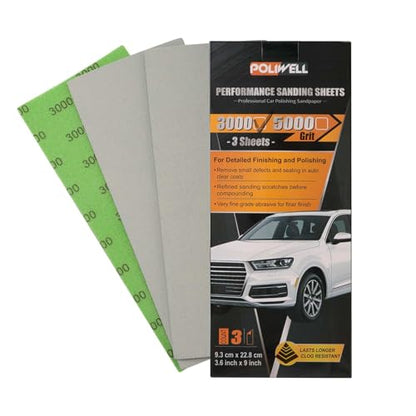 POLIWELL Auto Performance Sandpaper 3 Pack, 3.6 in x 9 in 3000 Grit Sandpaper, Fine Grit Sand Paper for Wet Polishing Car Detail Scratches, Refined Finishes - style: 3000Girt