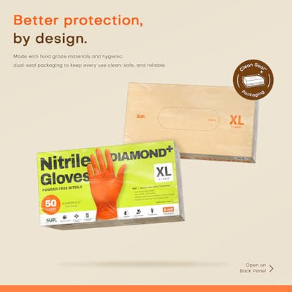 SUPER+ HEAVY DUTY Nitrile Gloves 8 Mil Diamond Texture Disposable Chemical Resistant Powder &Latex Free Food Safe Orange 50Ct - color: X-large (Orange)