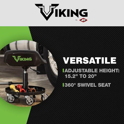 AFF Viking Rolling Shop Stool - Garage Stool on Wheels for Mechanics - Ergonomic Padded Seat - Tool Organizer Tray - 300 lbs Capacity (Multiple Styles) - style: Tractor Style Roller Seat