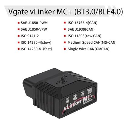 Vgate vLinker MC+ (BT3.0/BLE4.0) OBD2 Scanner Code Reader Diagnostic Scan Tool for Android & iOS & Windows, Black