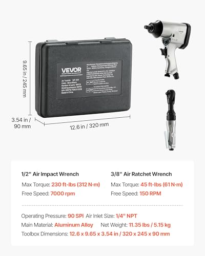 VEVOR 1/2" Air Impact Wrench & 3/8" Ratchet Wrench Combo, 19 Pieces Pro Air Tool and Accessories Kit - Includes 10PCS CR-V Steel Impact Socket Set & Carrying Case for Auto Repair, Home DIY Projects - style: 19 Pieces