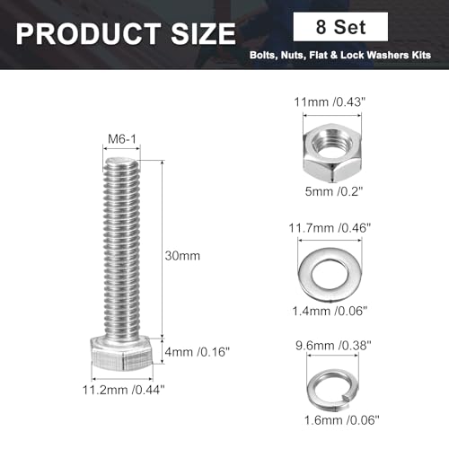 uxcell M6 x 30mm Hex Head Screws Bolts, Nuts, Flat & Lock Washers Kits, 304 Stainless Steel Fully Thread Hexagon Bolts 8 Sets - size: M6 x 30mm