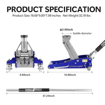 ZenithX Hydraulic Low Profile Aluminum and Steel Racing Floor Jack with Dual Piston Quick Lift Pump, 1.5 Ton (3,000 lb) Capacity, Blue