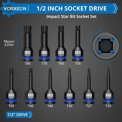 10 PCS 1/2" Drive Impact Star Bit Socket Set 42CRMO With Storage Case, Impact Torx Socket T25 T27 T30 T40 T45 T50 T55 T60 T70 T80 - size: Star Torx